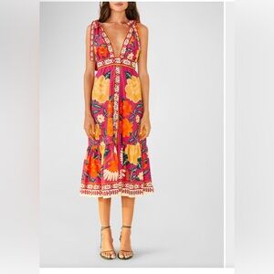 Farm Rio Flower Tapestry Tie-Shoulder Midi Dress Size M